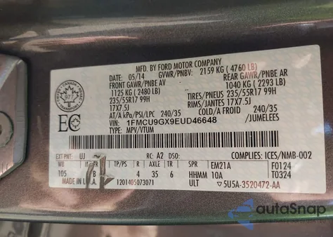 2014 Ford Escape Se из США, поврежденный, VIN 1FMCU9GX9EUD46648